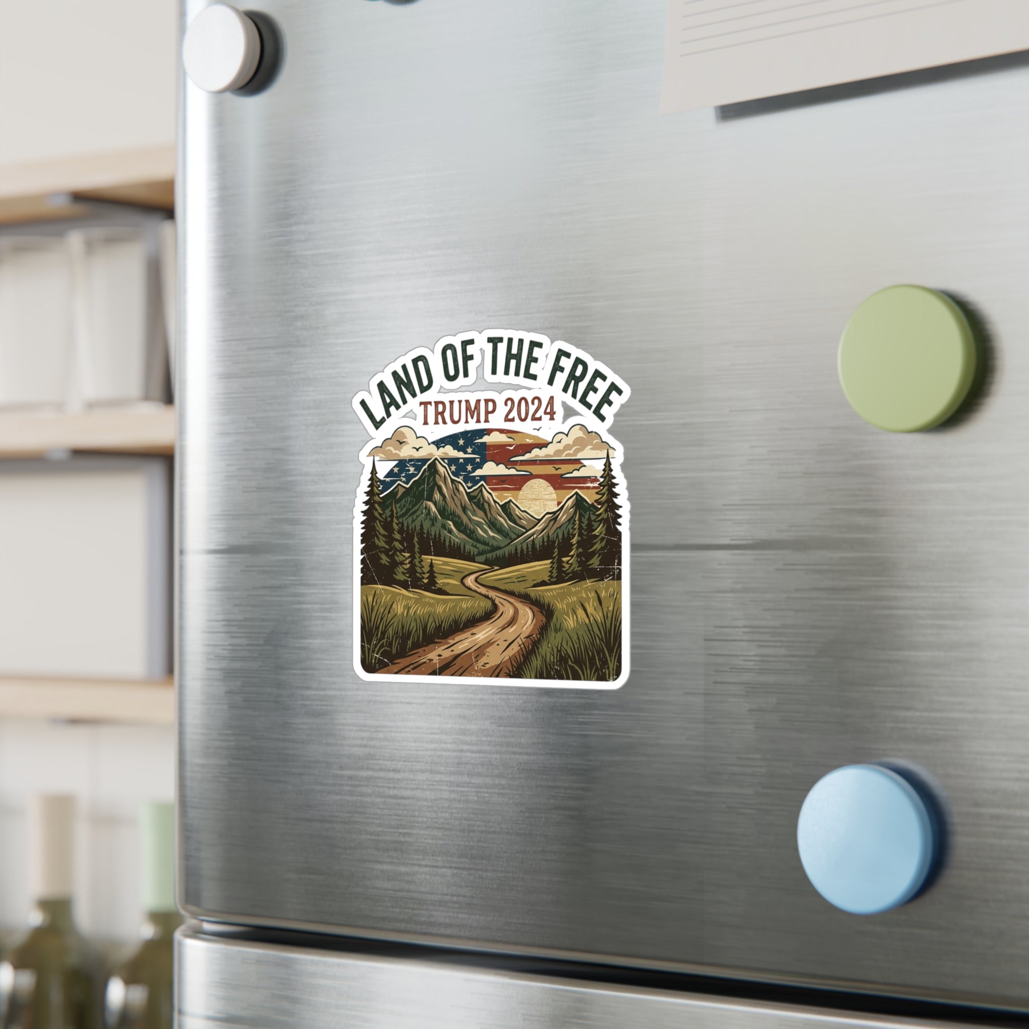 Land of the Free Trump 2024 Vinyl Sticker — Scenic Outdoor Kiss-Cut Decal