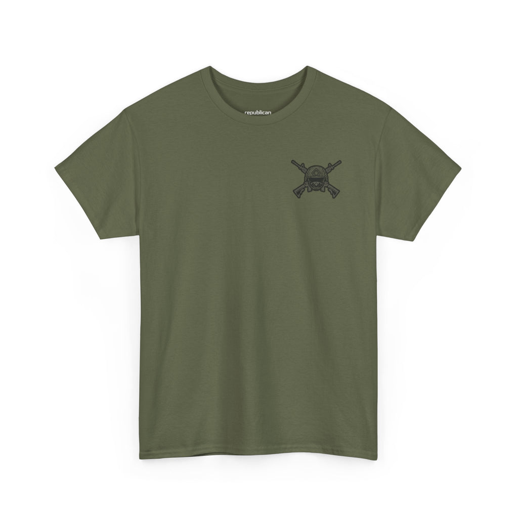 America First Graphic Tee — Patriotic Flag & Crossed Rifles Design