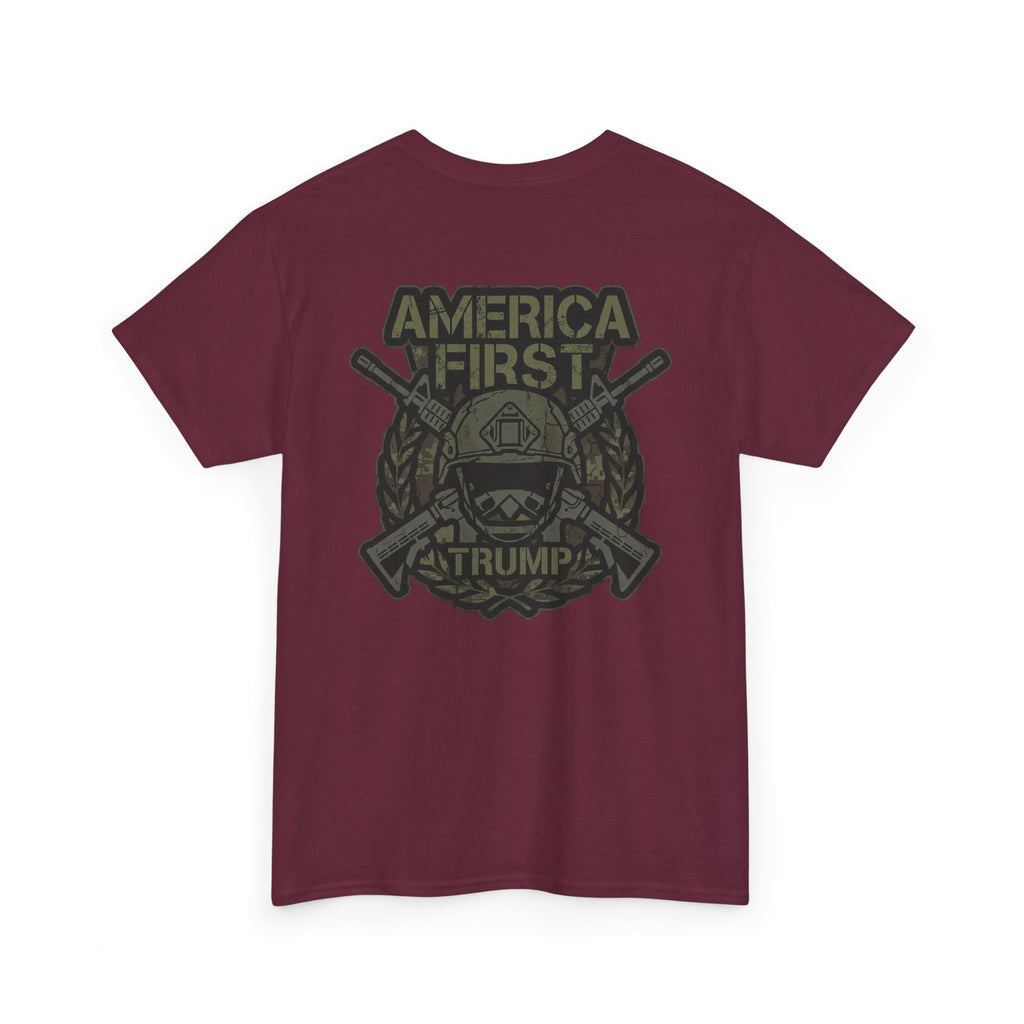 America First Graphic Tee — Patriotic Flag & Crossed Rifles Design