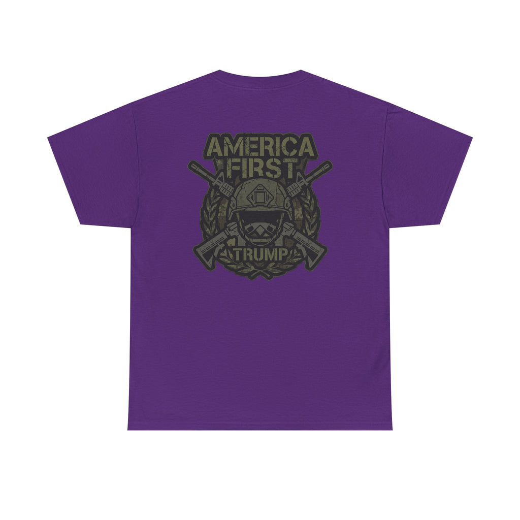 America First Graphic Tee — Patriotic Flag & Crossed Rifles Design