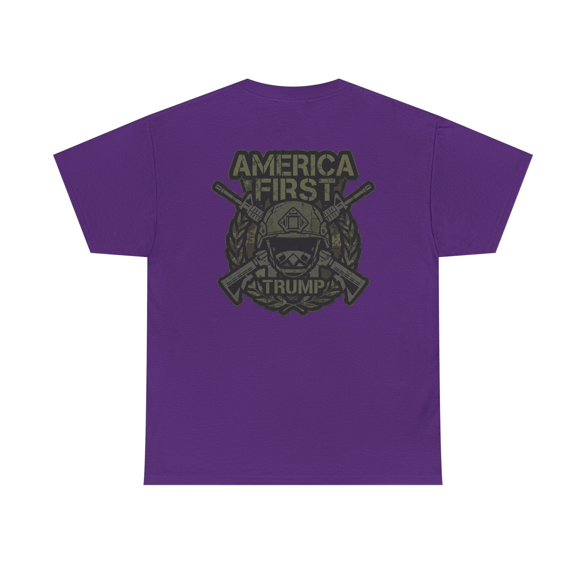 America First Graphic Tee — Patriotic Flag & Crossed Rifles Design