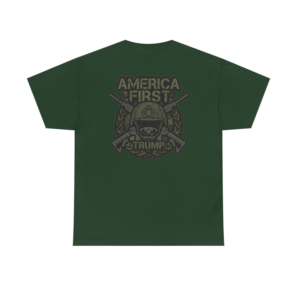 America First Graphic Tee — Patriotic Flag & Crossed Rifles Design