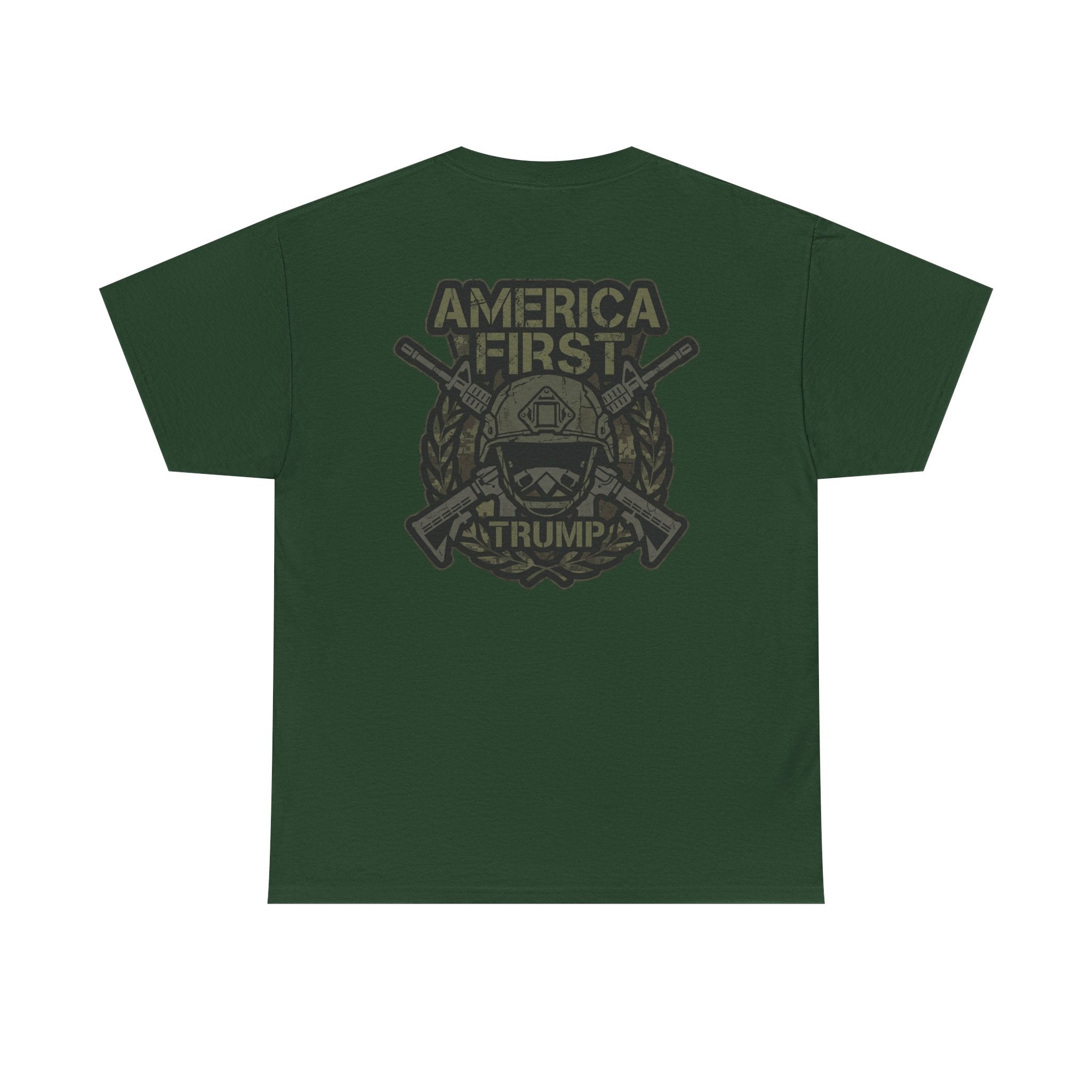 America First Graphic Tee — Patriotic Flag & Crossed Rifles Design