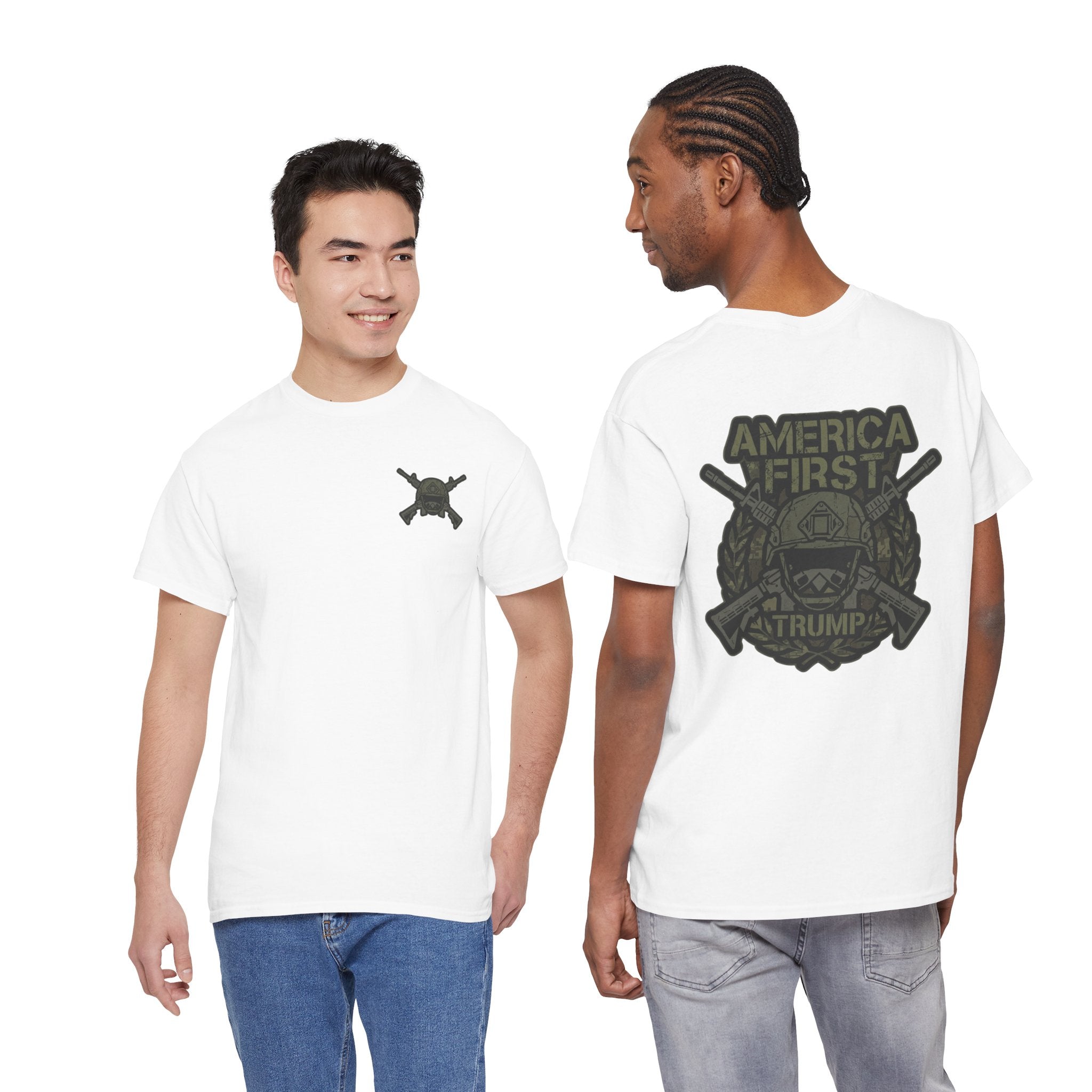America First Graphic Tee — Patriotic Flag & Crossed Rifles Design
