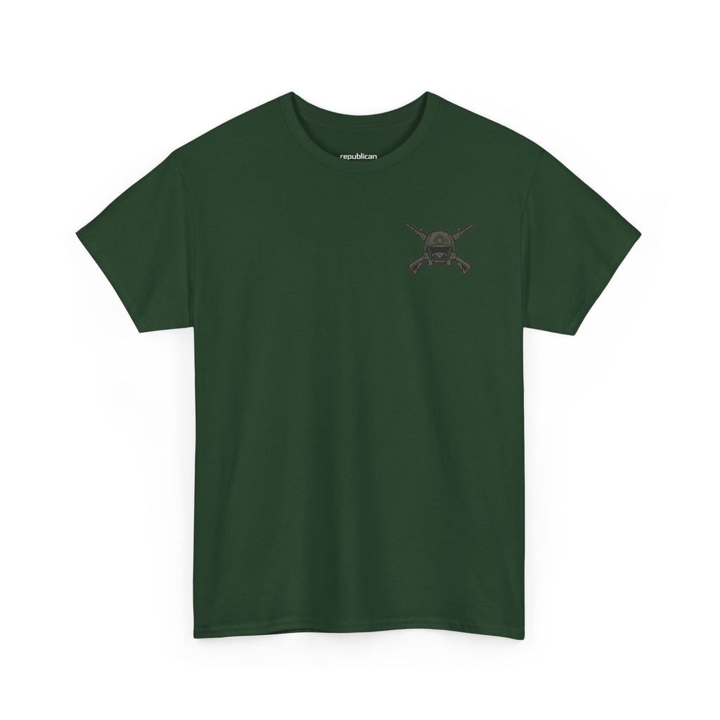 America First Graphic Tee — Patriotic Flag & Crossed Rifles Design