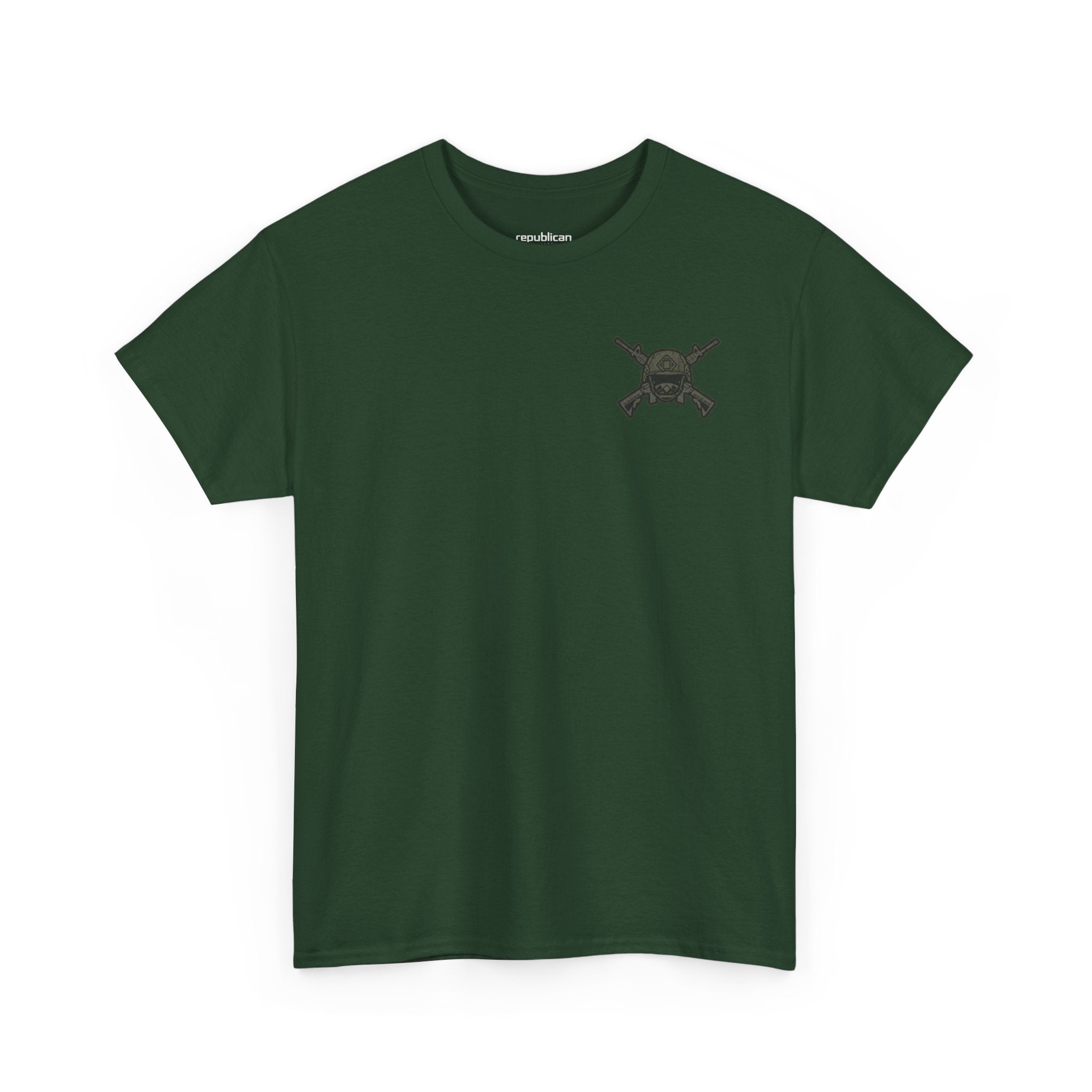 America First Graphic Tee — Patriotic Flag & Crossed Rifles Design