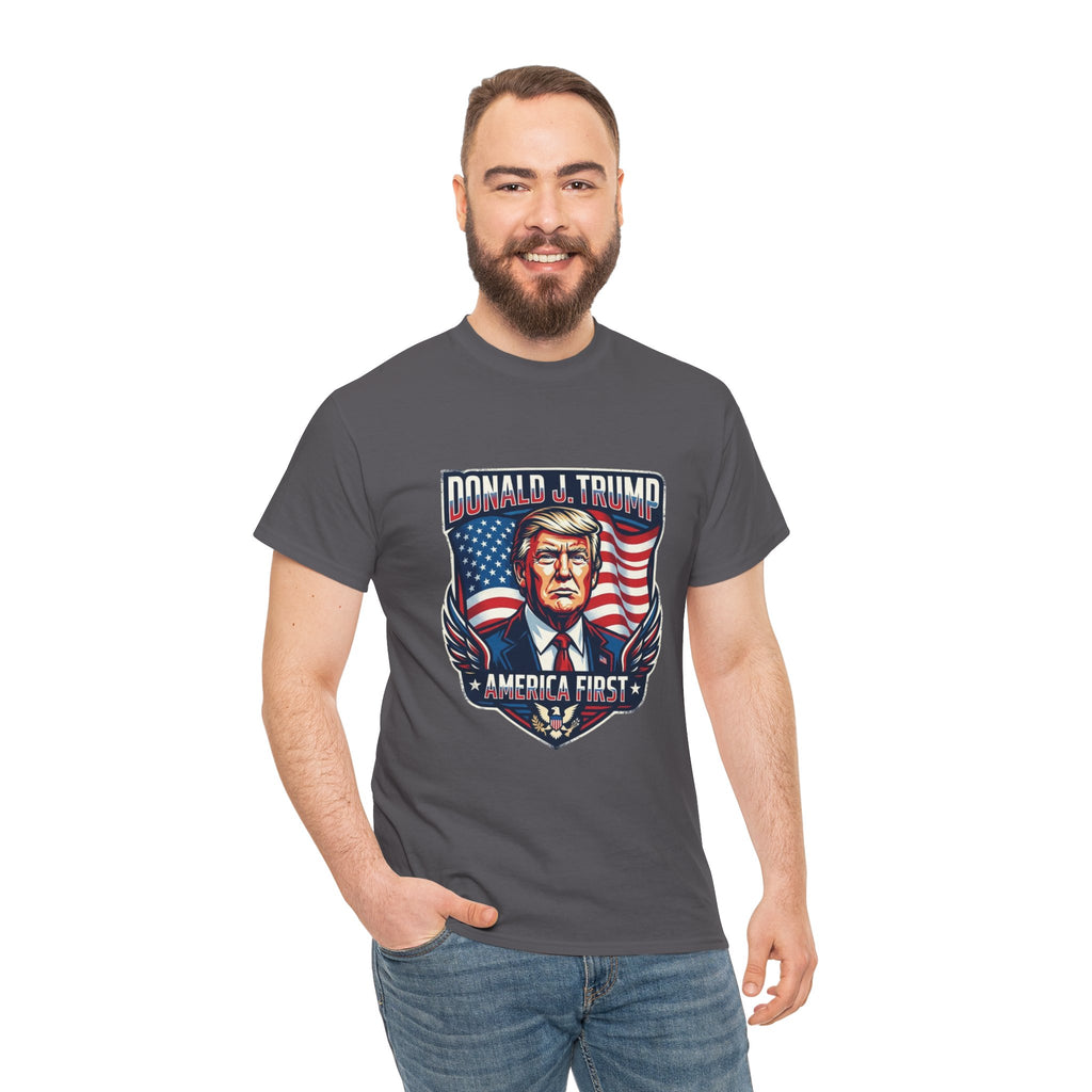 Political Graphic Tee — "America First" Patriotic President Portrait T‑Shirt
