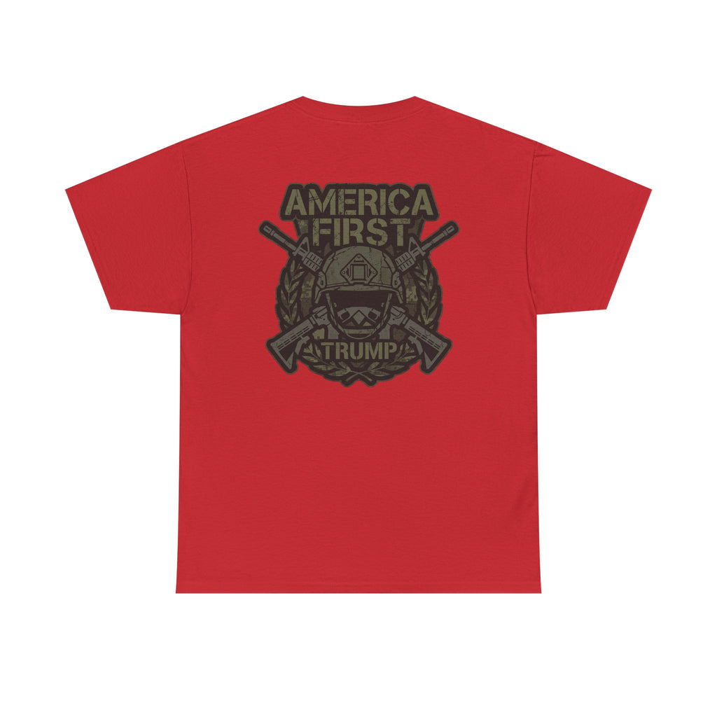 America First Graphic Tee — Patriotic Flag & Crossed Rifles Design