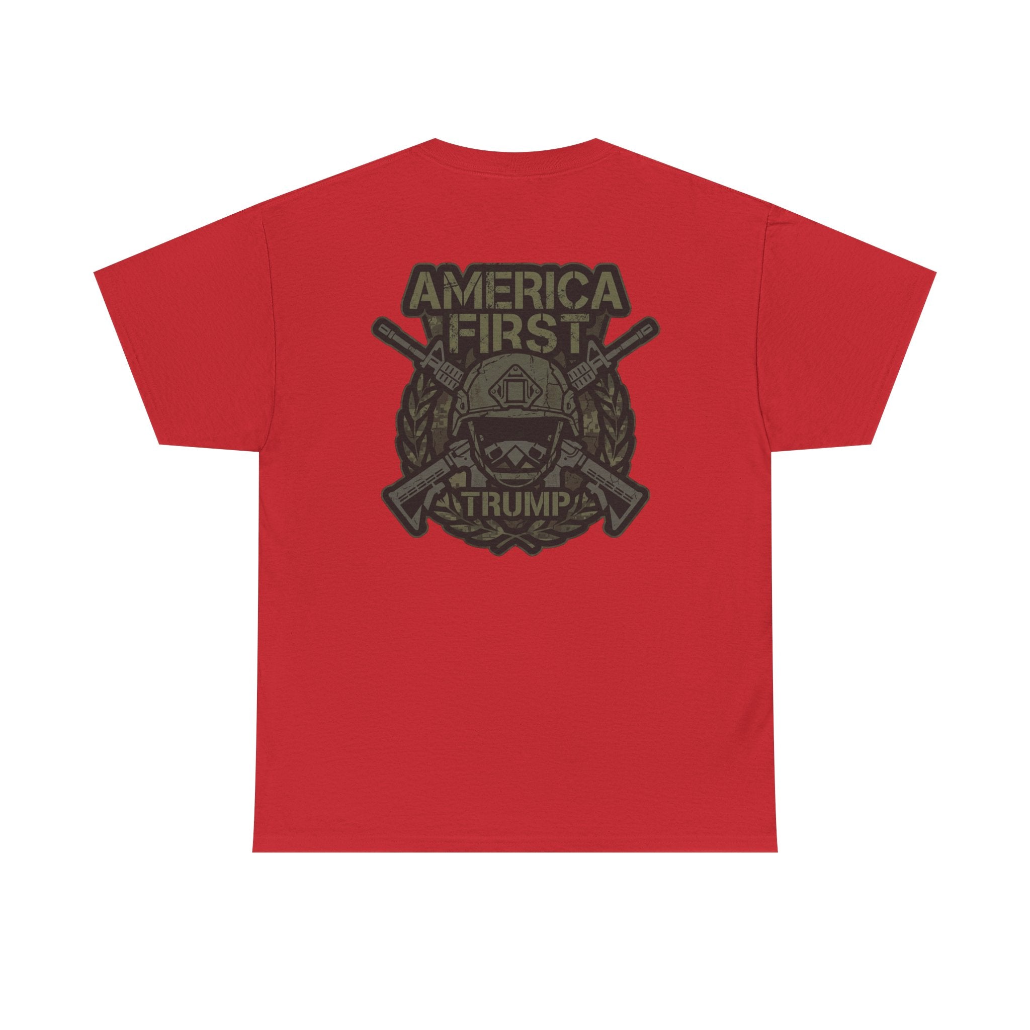 America First Graphic Tee — Patriotic Flag & Crossed Rifles Design