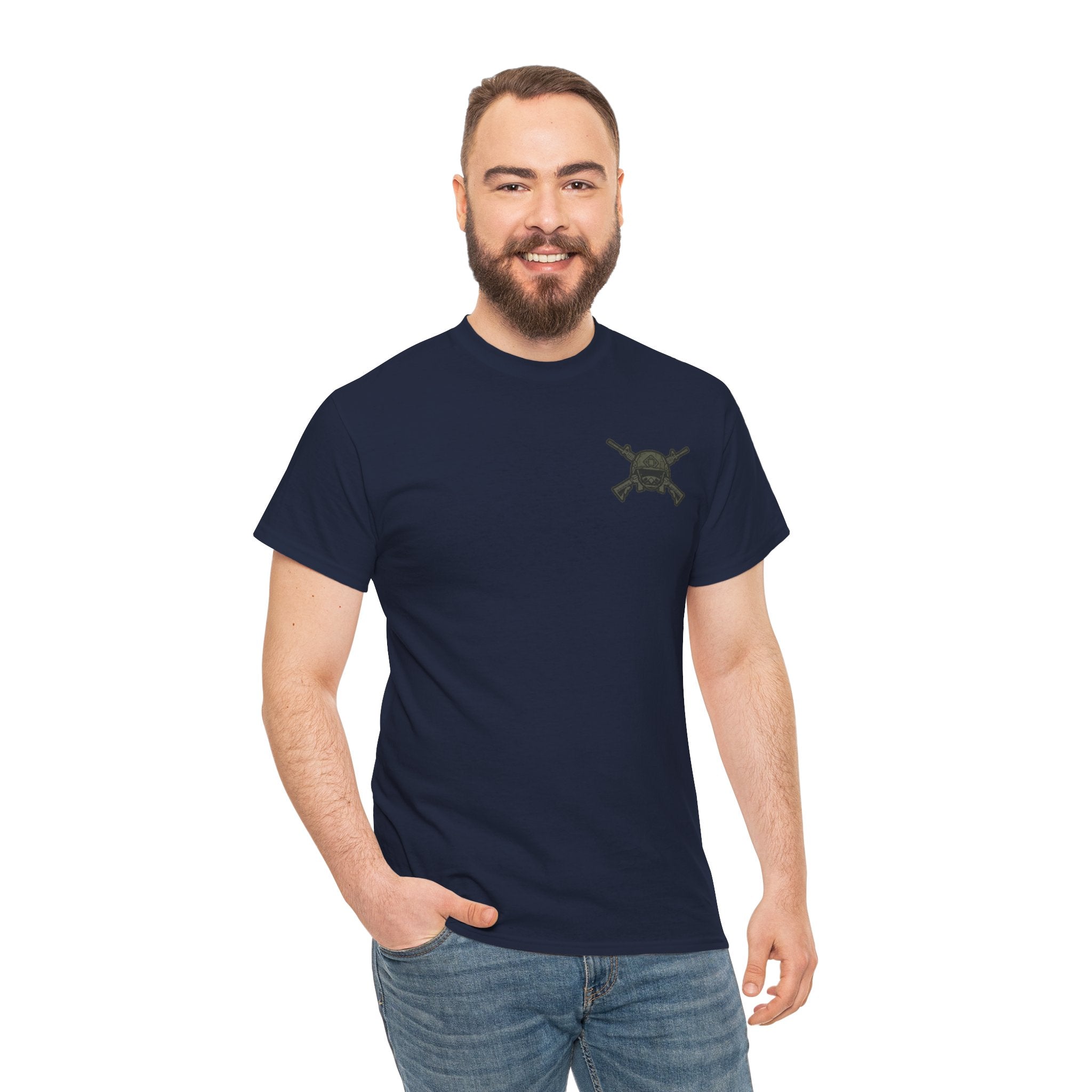 America First Graphic Tee — Patriotic Flag & Crossed Rifles Design