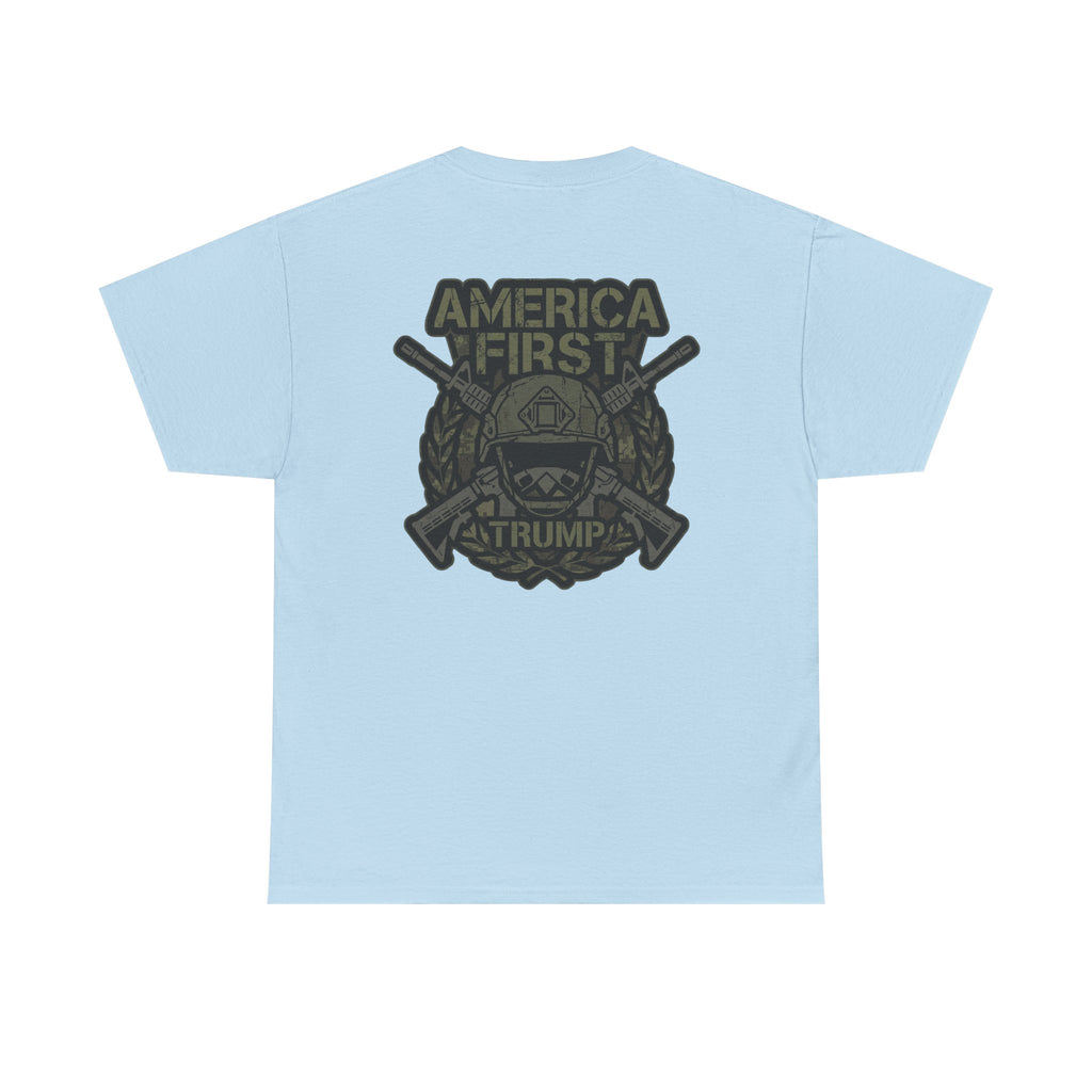 America First Graphic Tee — Patriotic Flag & Crossed Rifles Design