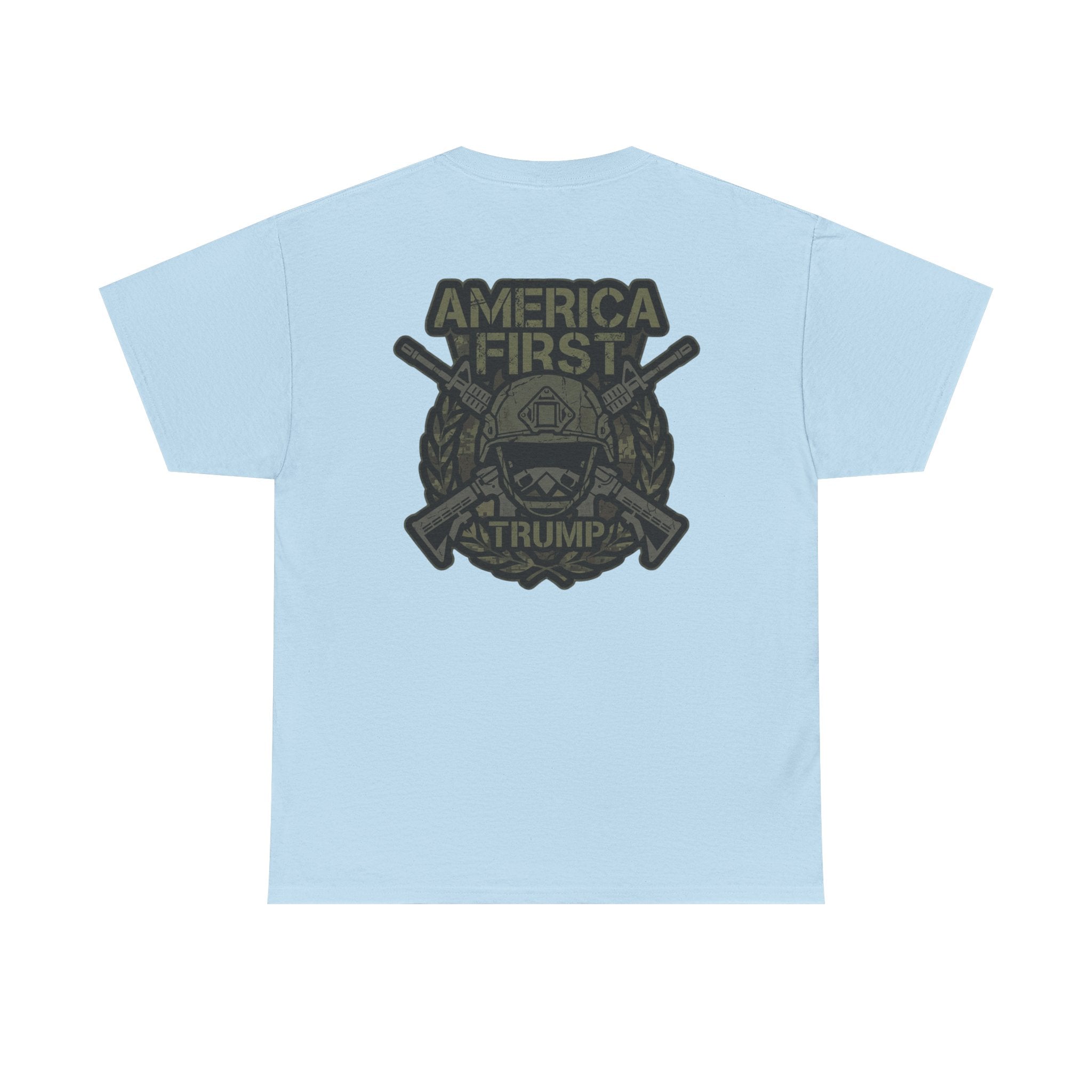 America First Graphic Tee — Patriotic Flag & Crossed Rifles Design