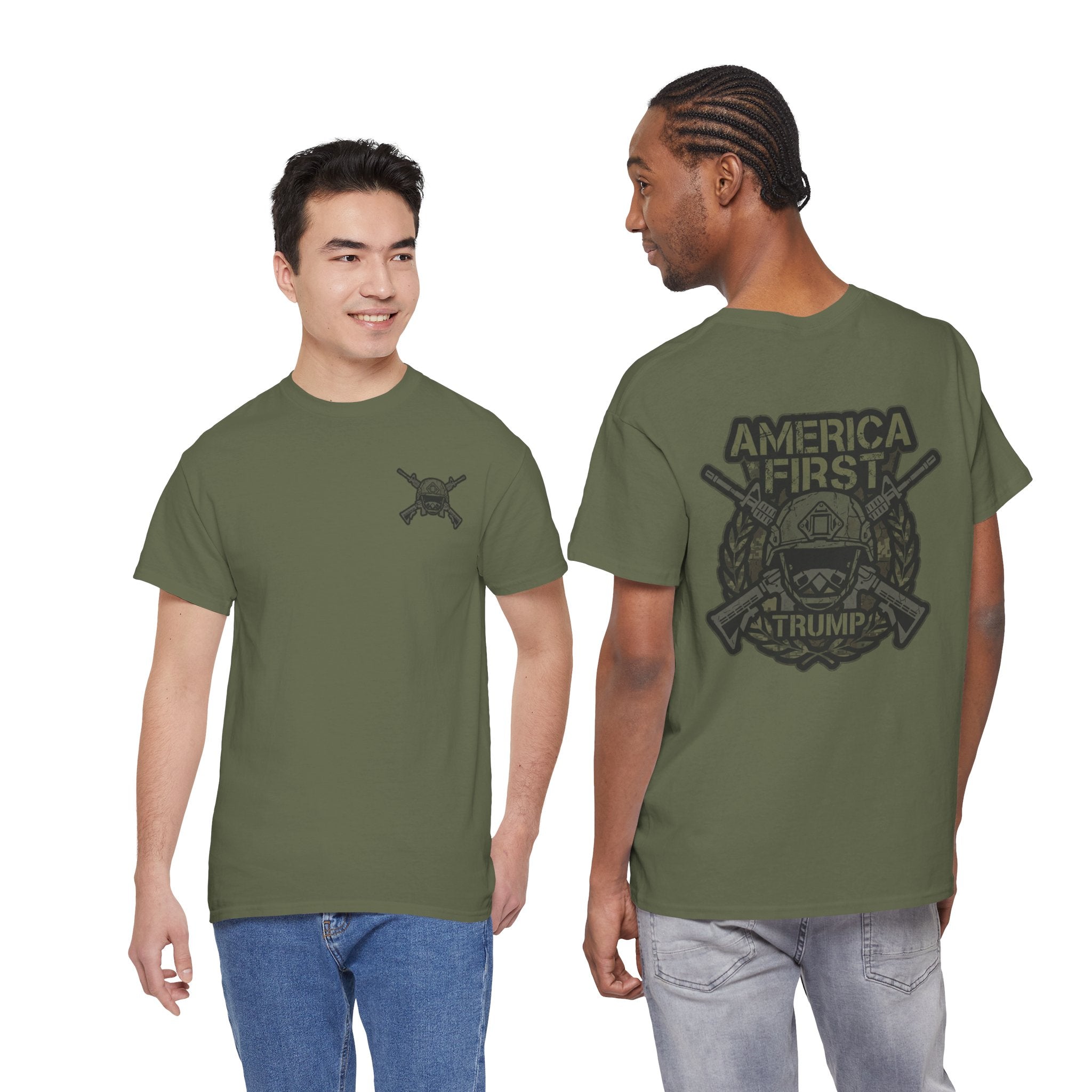 America First Graphic Tee — Patriotic Flag & Crossed Rifles Design
