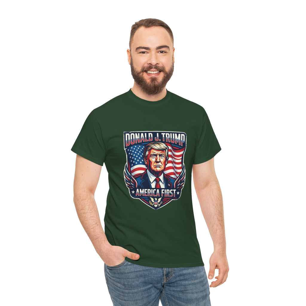 Political Graphic Tee — "America First" Patriotic President Portrait T‑Shirt