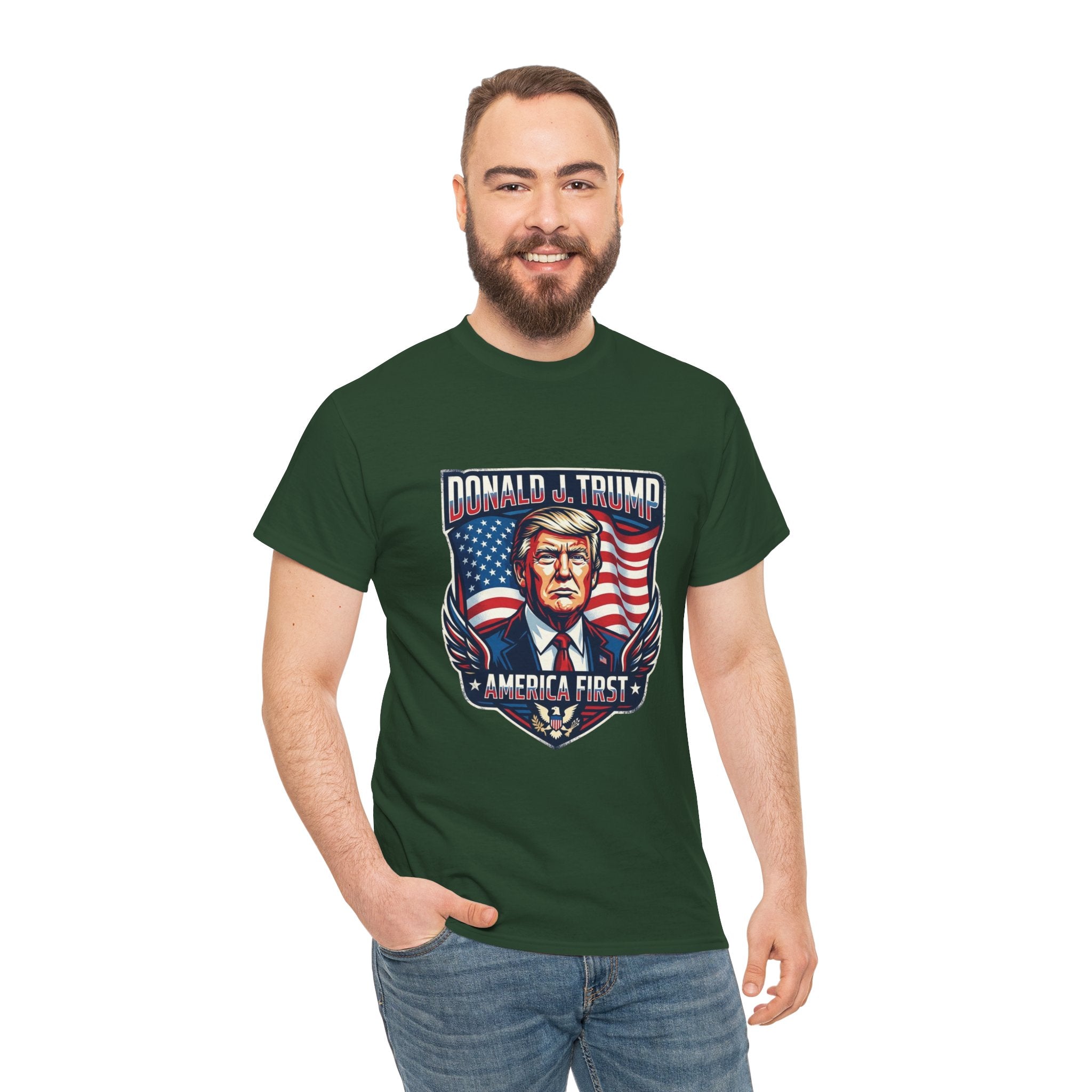 Political Graphic Tee — "America First" Patriotic President Portrait T‑Shirt