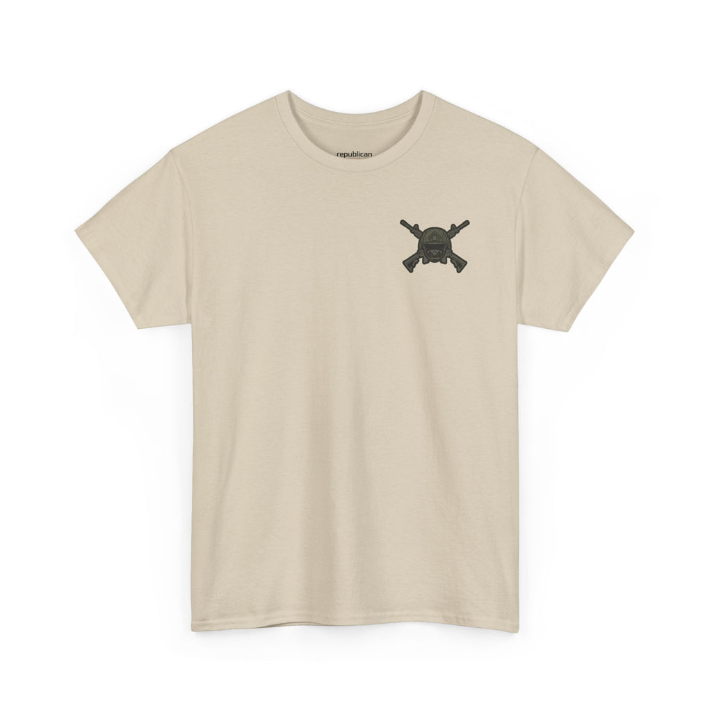 America First Graphic Tee — Patriotic Flag & Crossed Rifles Design