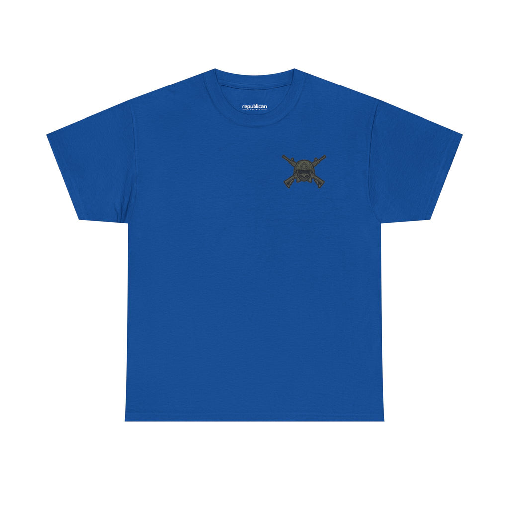 America First Graphic Tee — Patriotic Flag & Crossed Rifles Design