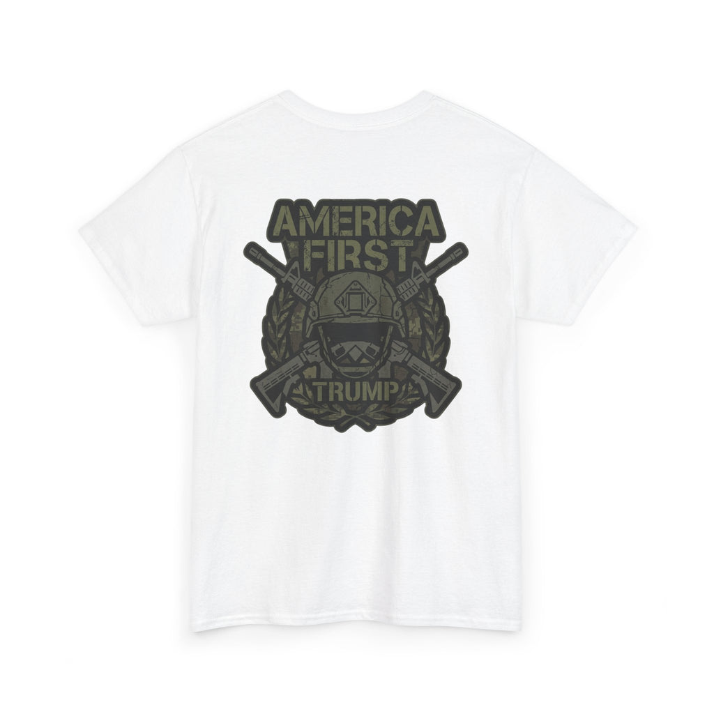 America First Graphic Tee — Patriotic Flag & Crossed Rifles Design