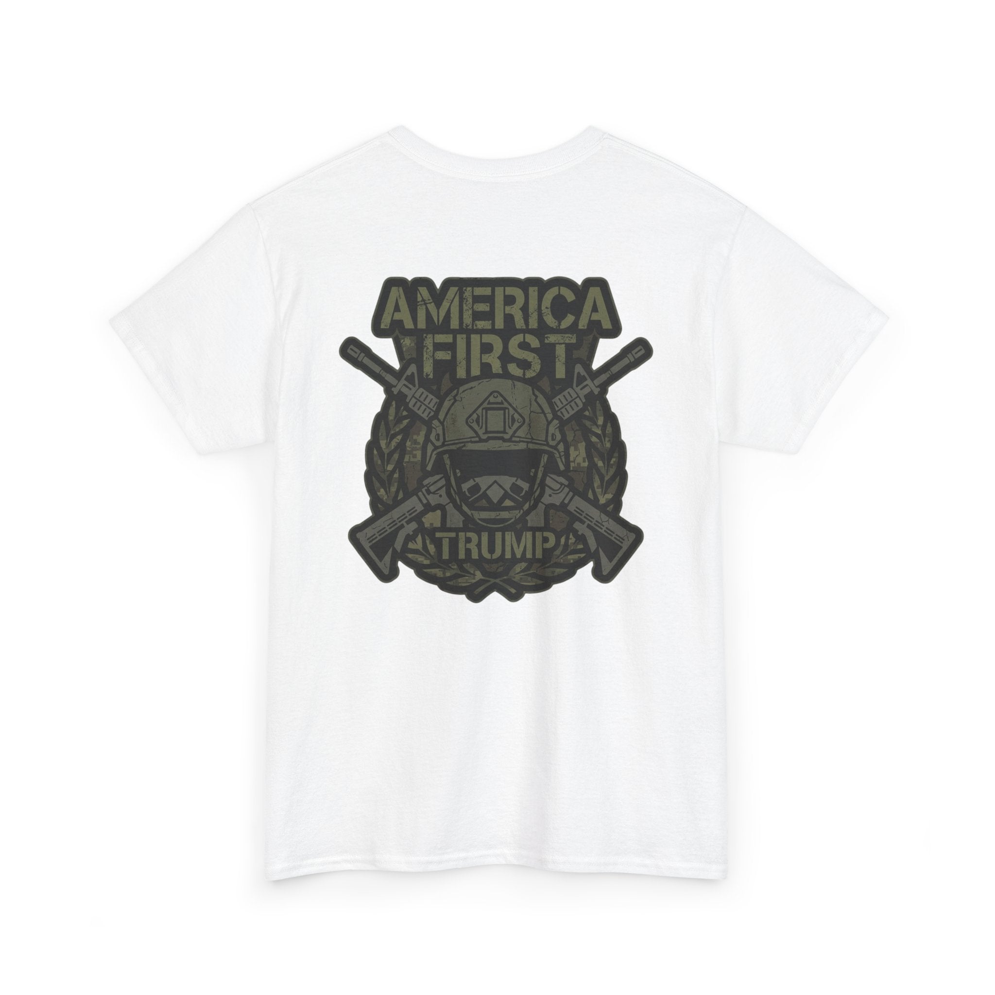 America First Graphic Tee — Patriotic Flag & Crossed Rifles Design