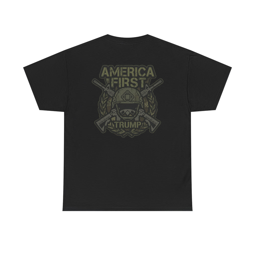 America First Graphic Tee — Patriotic Flag & Crossed Rifles Design