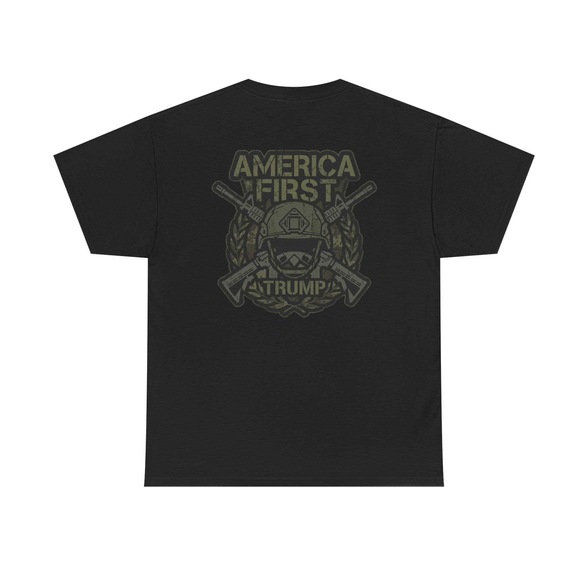 America First Graphic Tee — Patriotic Flag & Crossed Rifles Design