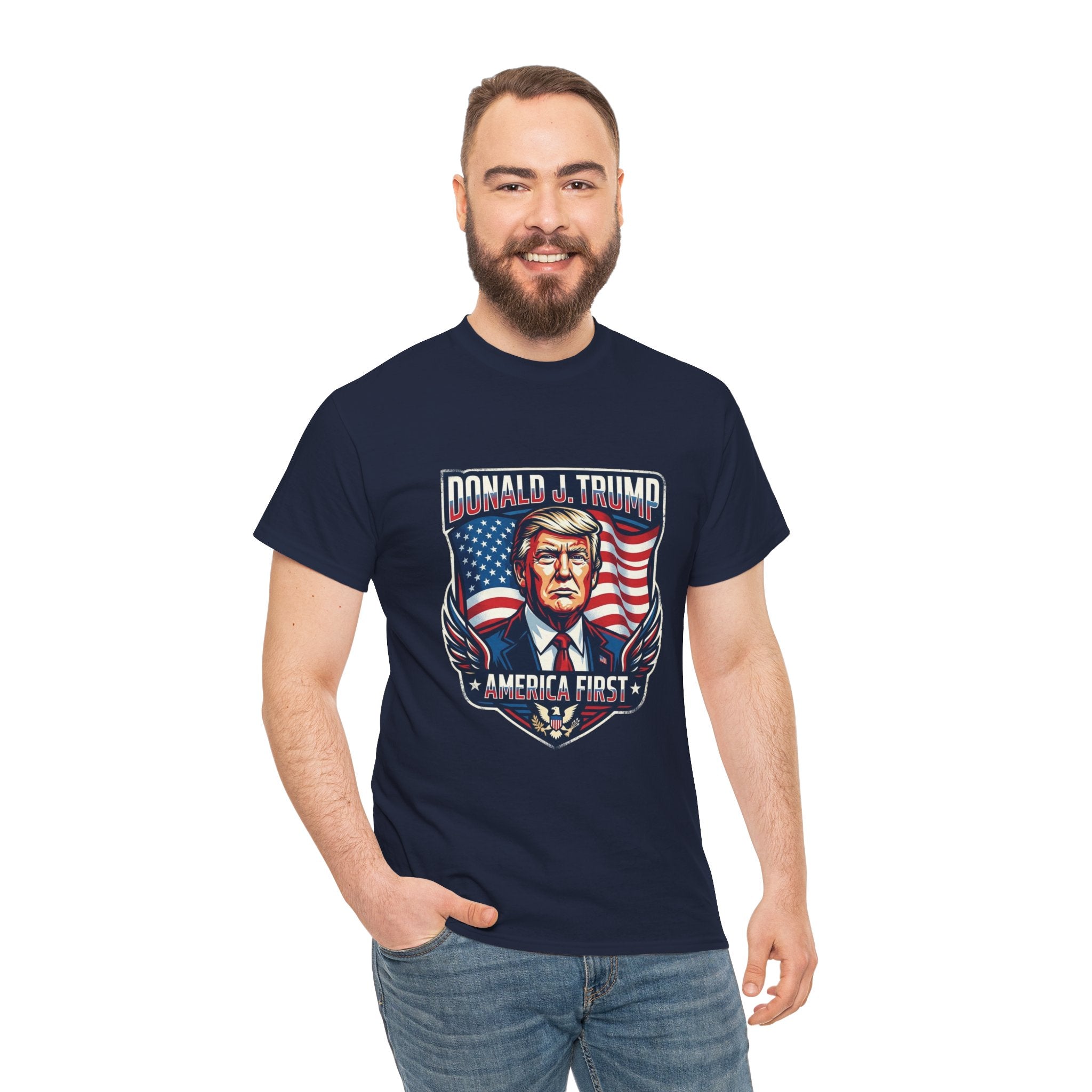 Political Graphic Tee — "America First" Patriotic President Portrait T‑Shirt