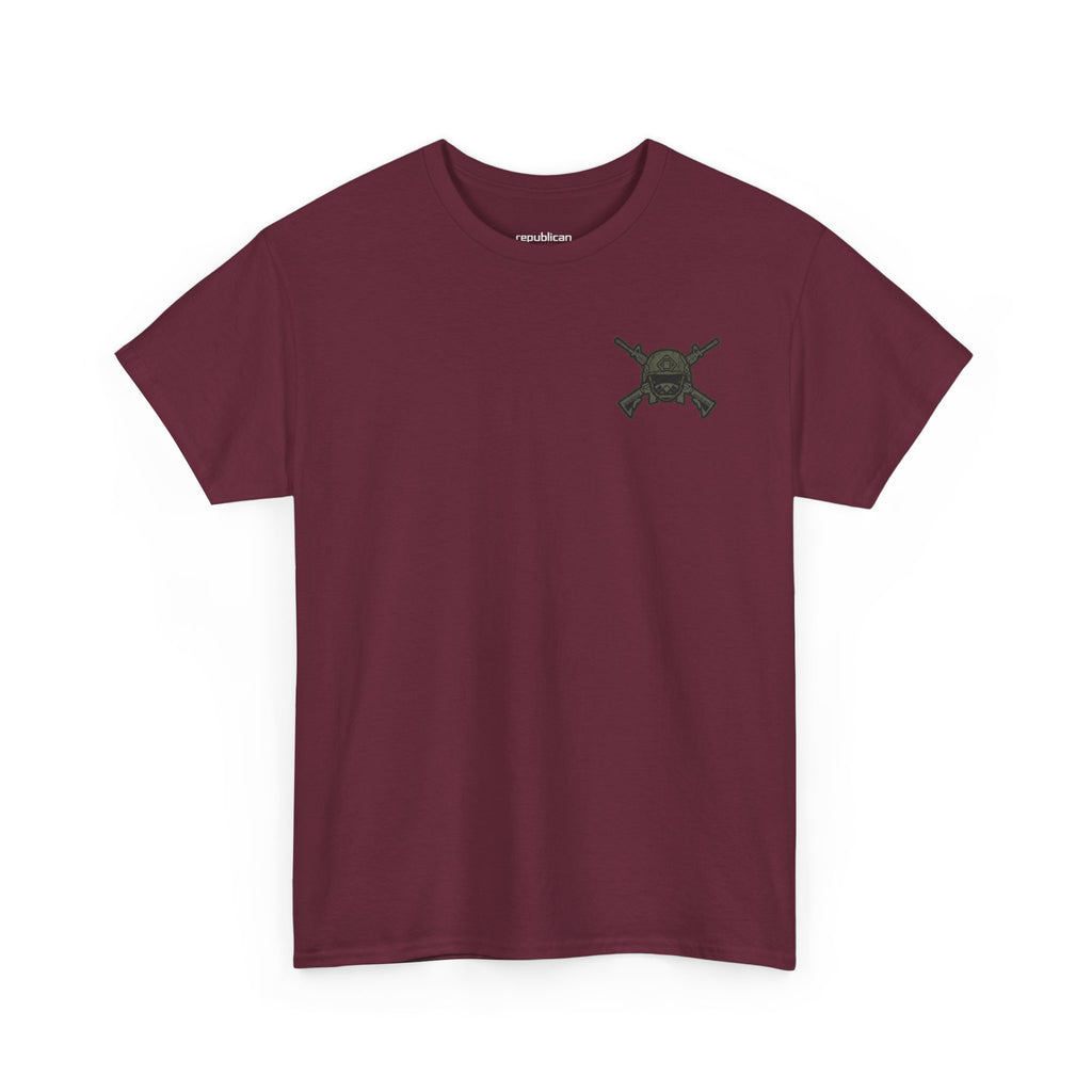 America First Graphic Tee — Patriotic Flag & Crossed Rifles Design