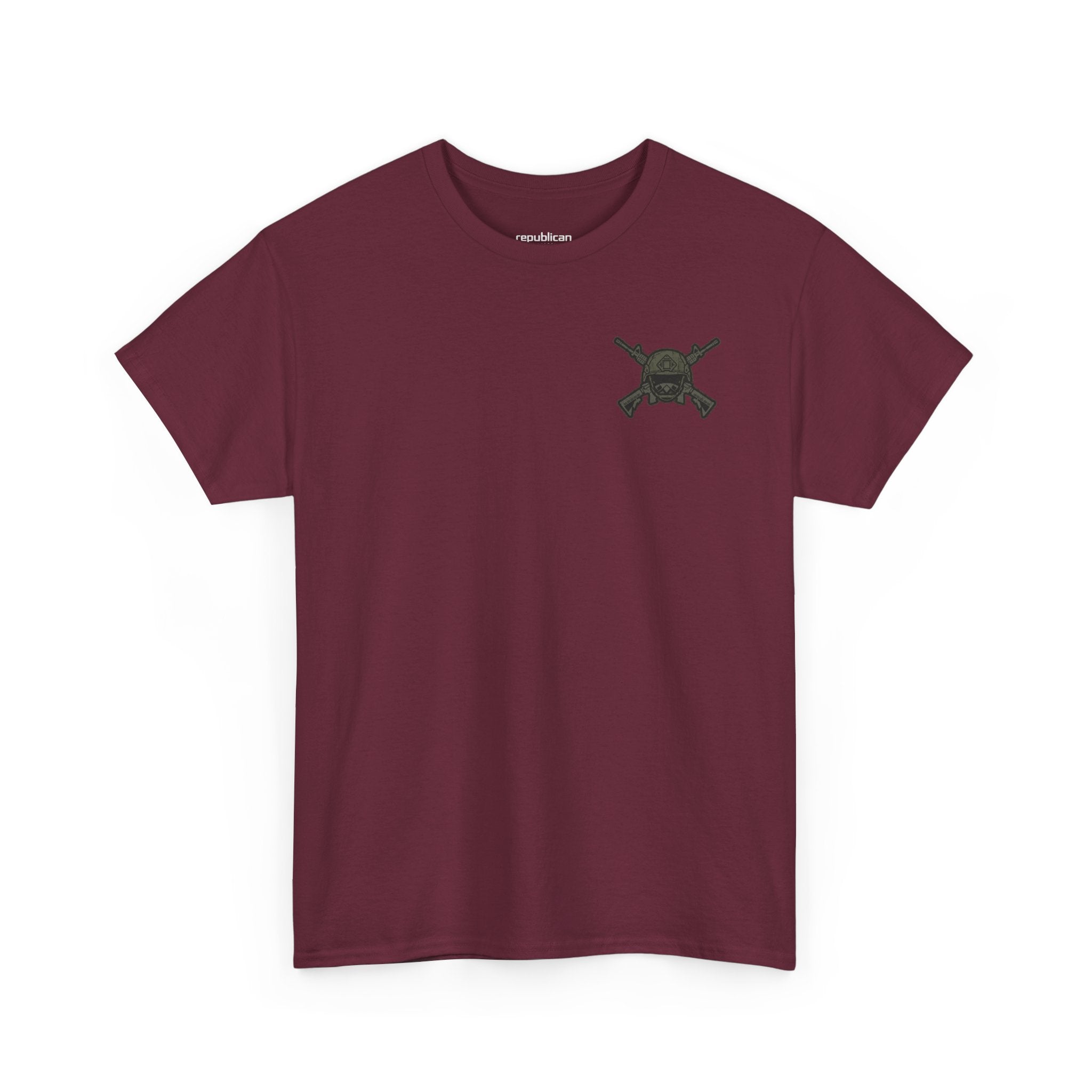 America First Graphic Tee — Patriotic Flag & Crossed Rifles Design