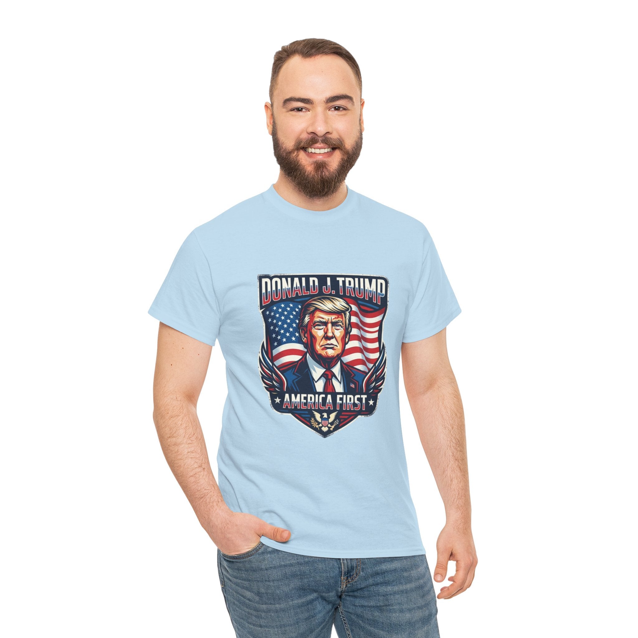Political Graphic Tee — "America First" Patriotic President Portrait T‑Shirt