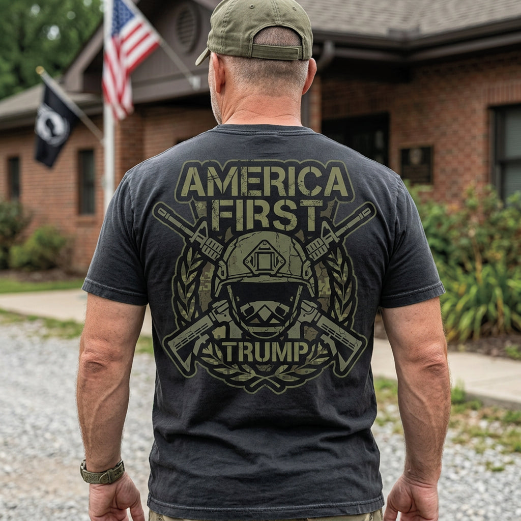 America First Graphic Tee — Patriotic Flag & Crossed Rifles Design