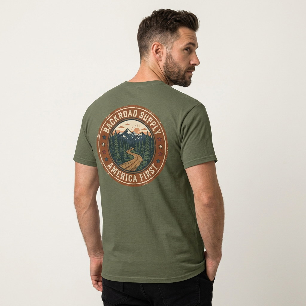 Backroad Supply 'America First' Graphic Tee — Vintage Mountain Road T-Shirt